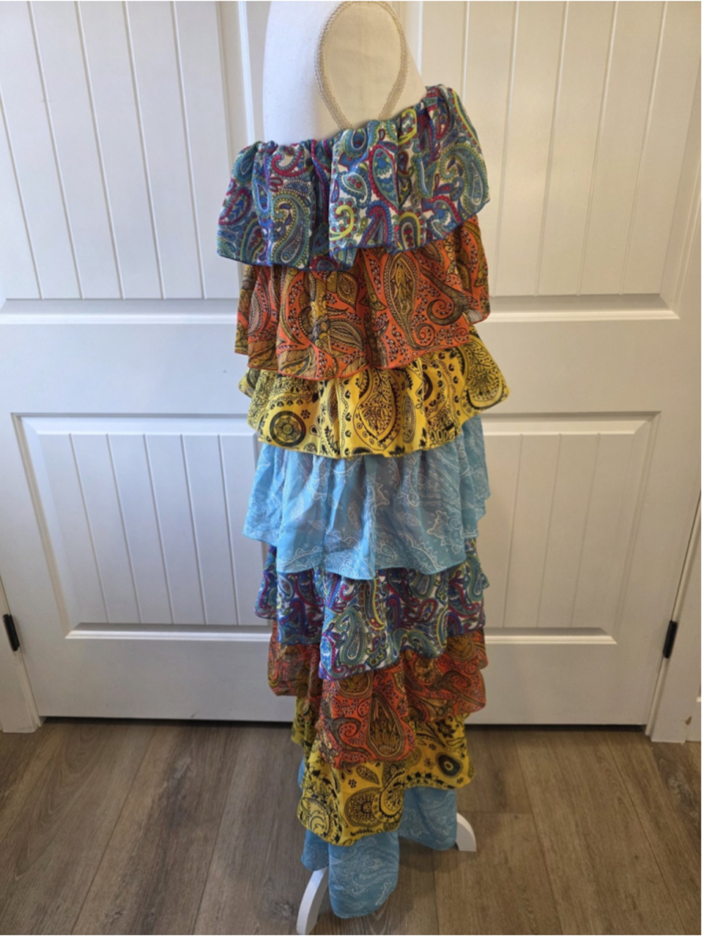 PrettyLittleThing Tiered Ruffle Maxi Dress Paisley Colorblock Boho Festival Sz 6 - Picture 4 of 10